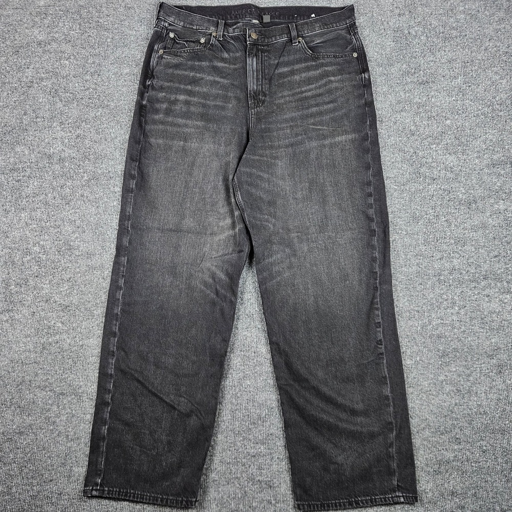 American Eagle Super High-Rise Baggy Straight Jeans Women's 16 Black Dark Wash